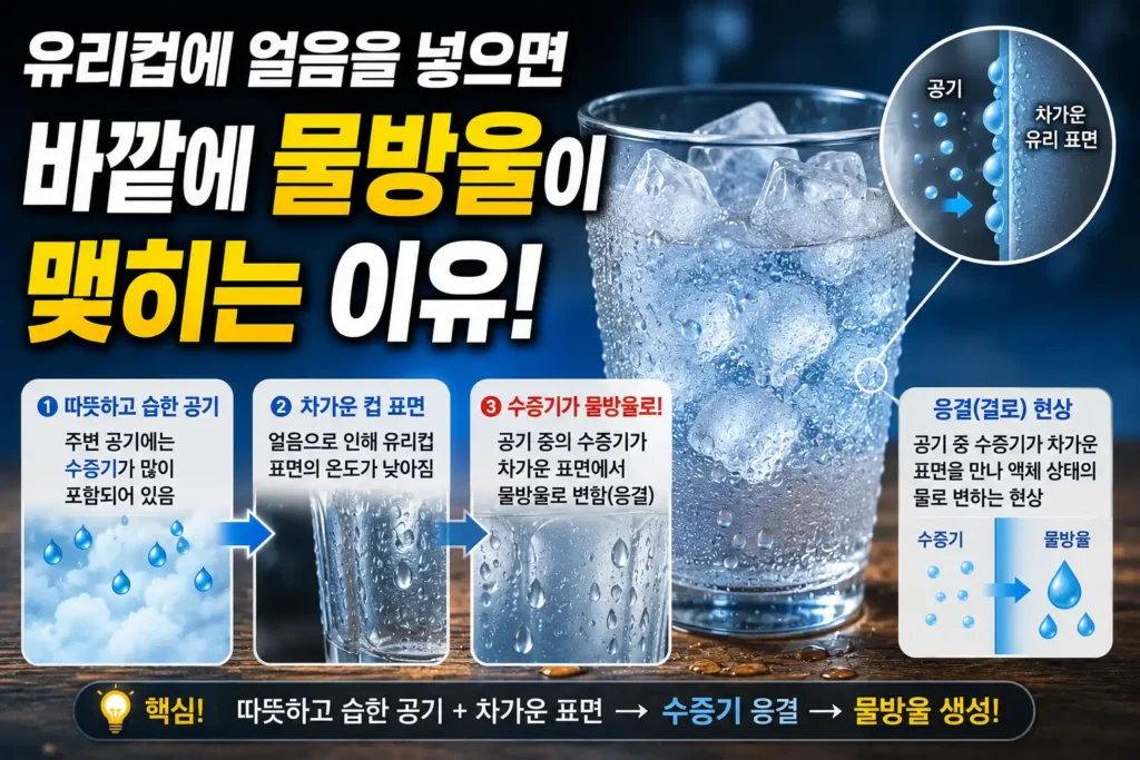 유리컵에 얼음을 넣으면 바깥에 물방울이 맺히는 이유